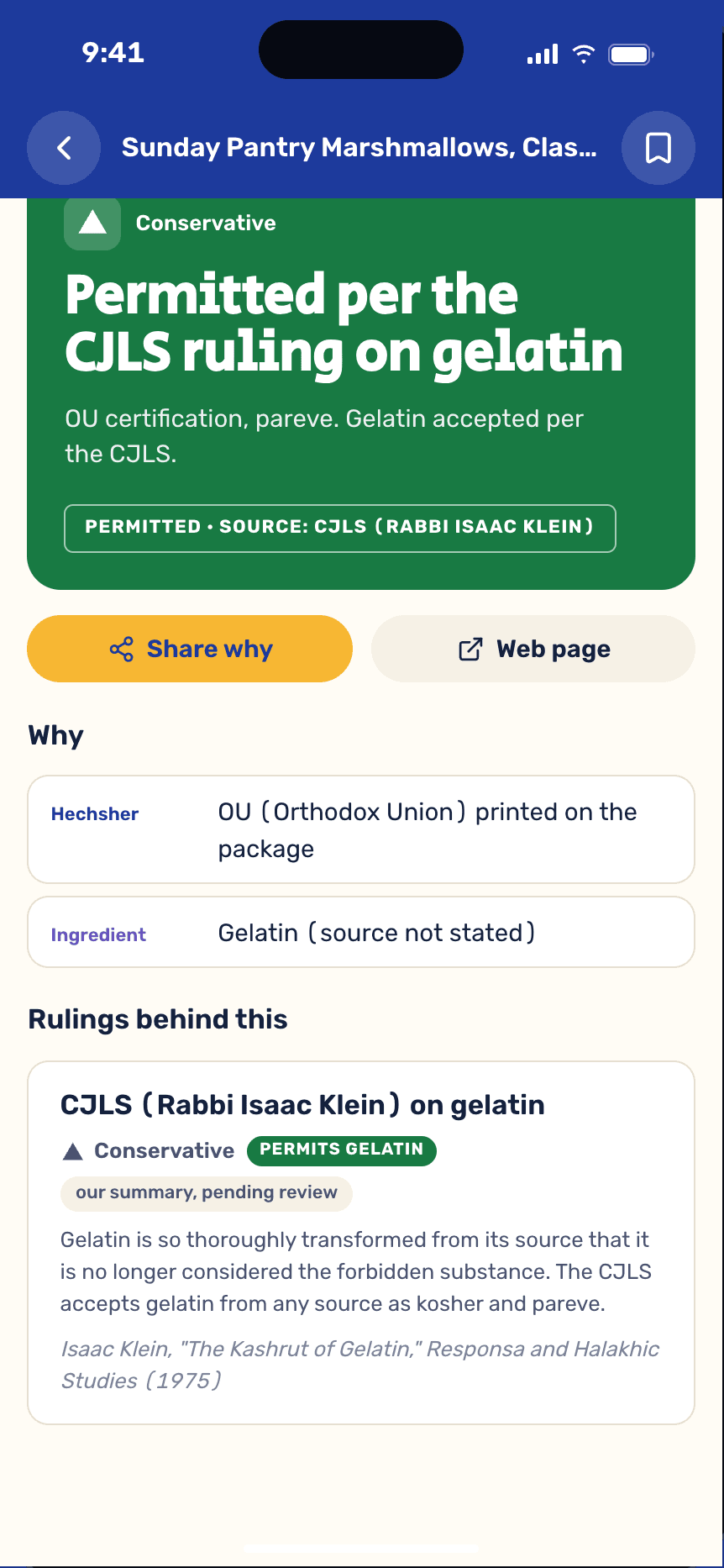 A result in the app: Permitted per the CJLS ruling on gelatin, with the ruling and its citation underneath.