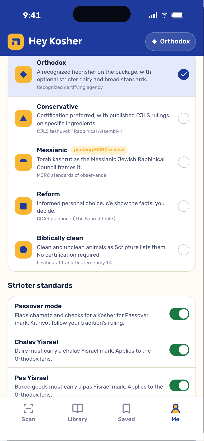 The app’s stricter standards: Passover mode, chalav Yisrael and pas Yisrael switches.
