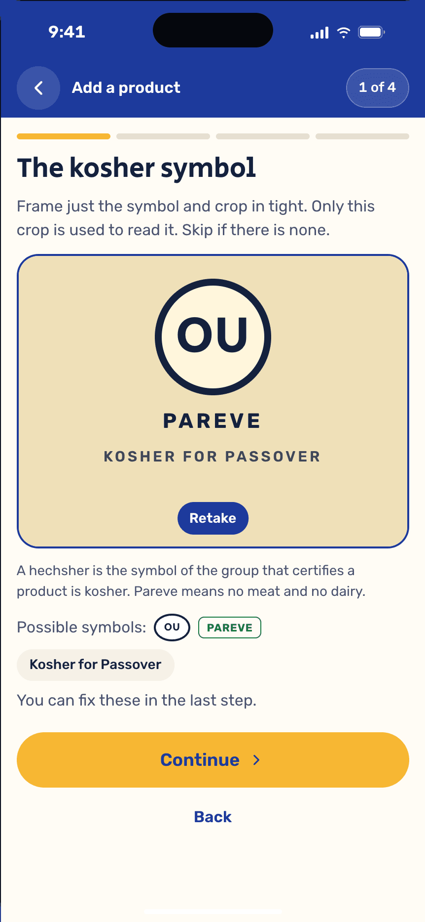 Adding a product in the app: a photo of the kosher symbol, with the symbol it read.